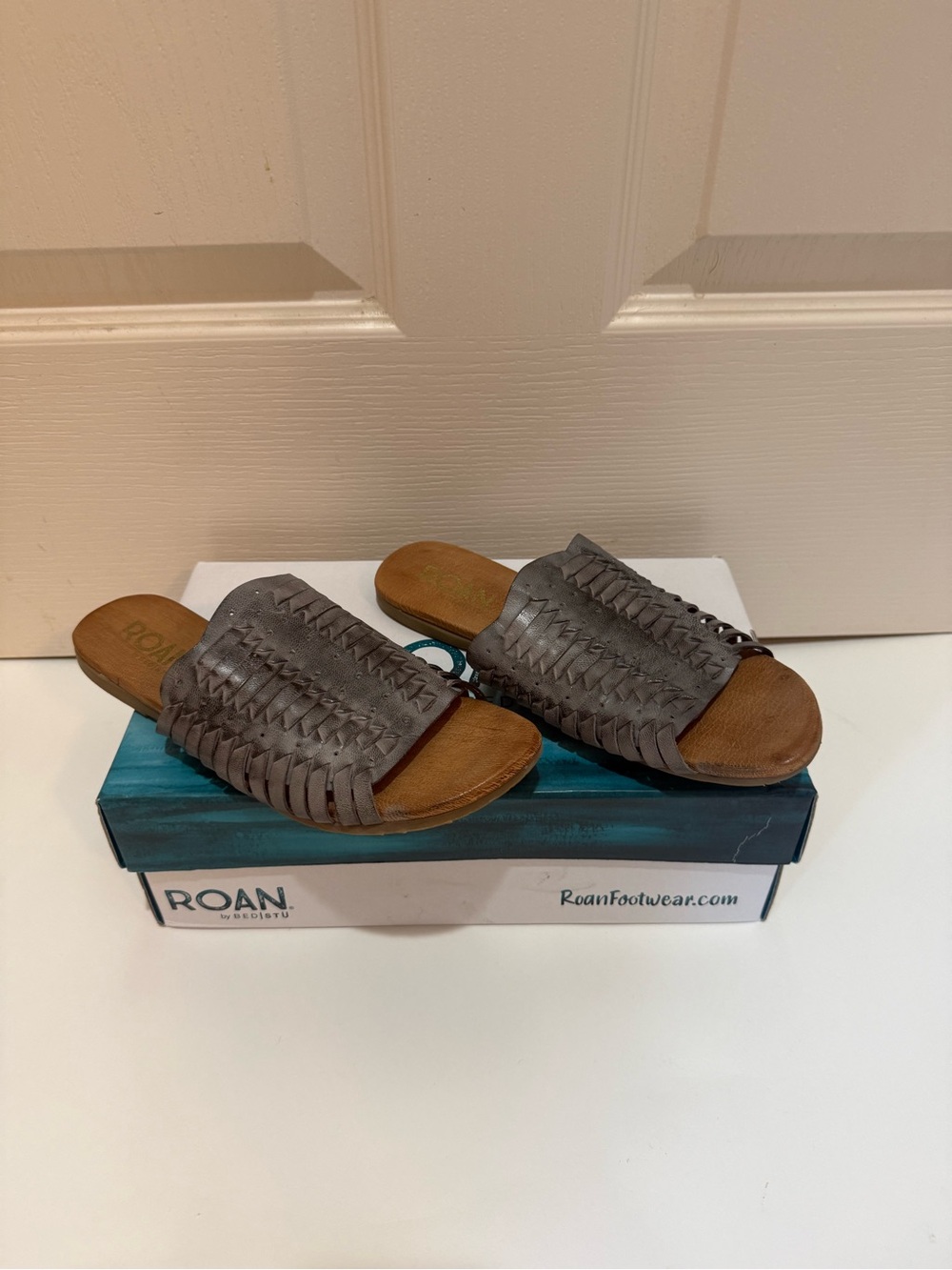 BED|STU Roan Woven Slide Sandals in Gray and Tan